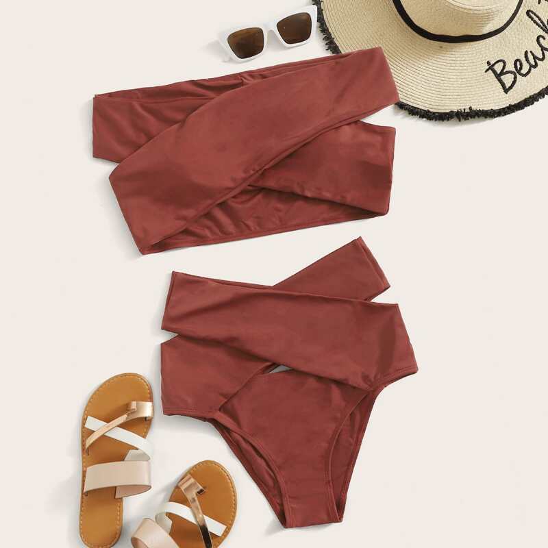 

Criss Cross Bardot Bikini Swimsuit, Brown