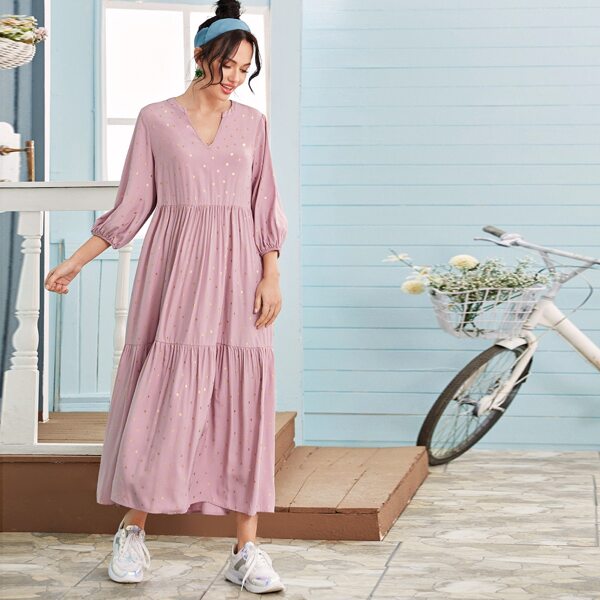 

Bishop Sleeve Layered Gold Print Dress, Pink