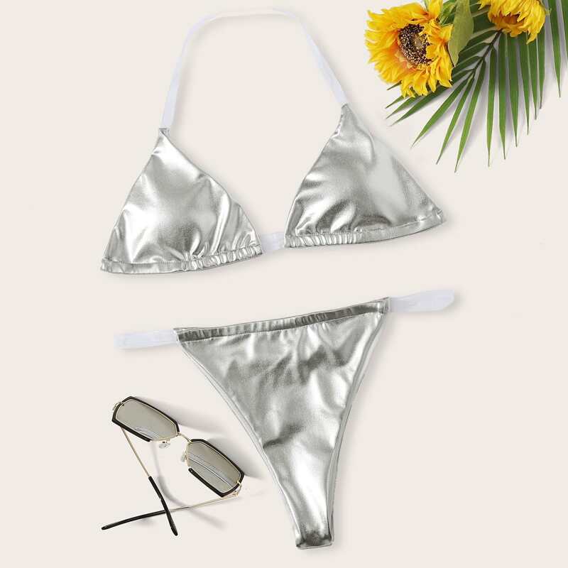 

Metallic Halter Triangle Tanga Bikini Swimsuit, Grey