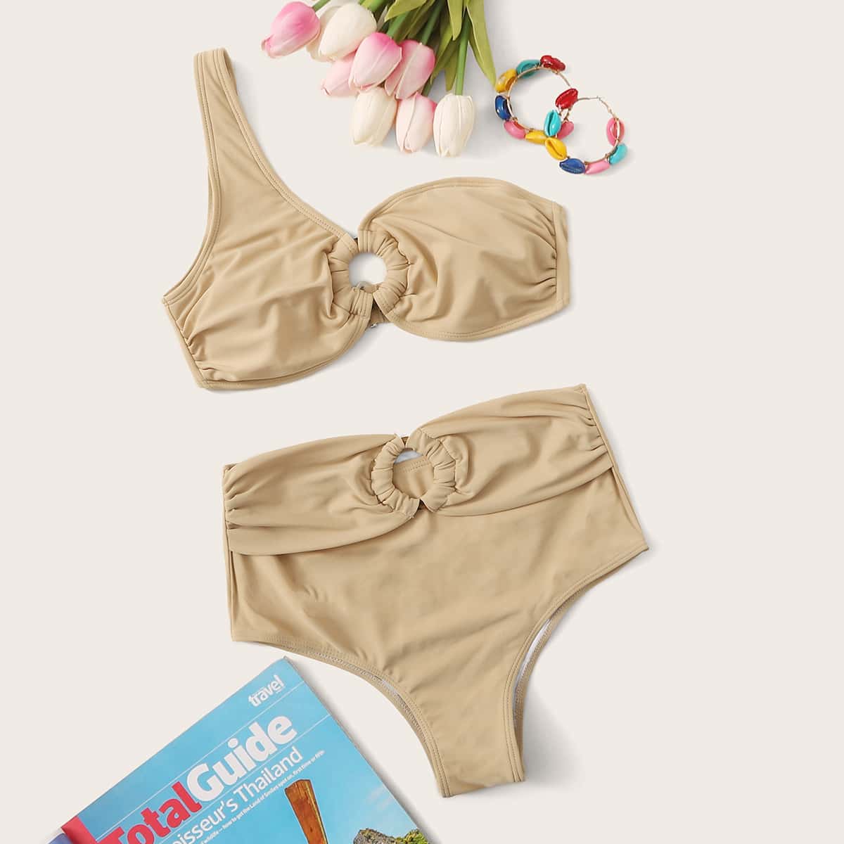 

Ring Linked One Shoulder Bikini Swimsuit, Apricot