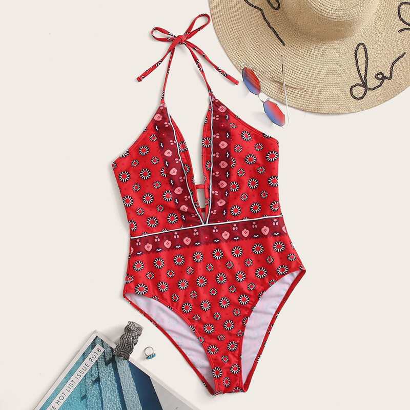 

Floral Plunge Halter One Piece Swimsuit, Red