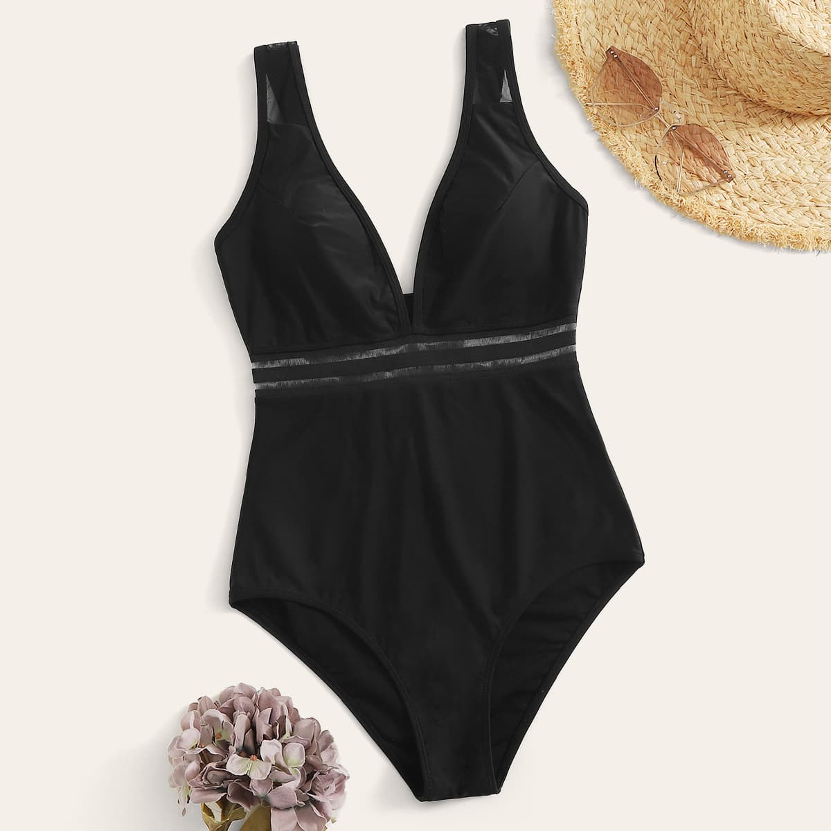 

Contrast Mesh One Piece Swimsuit, Black