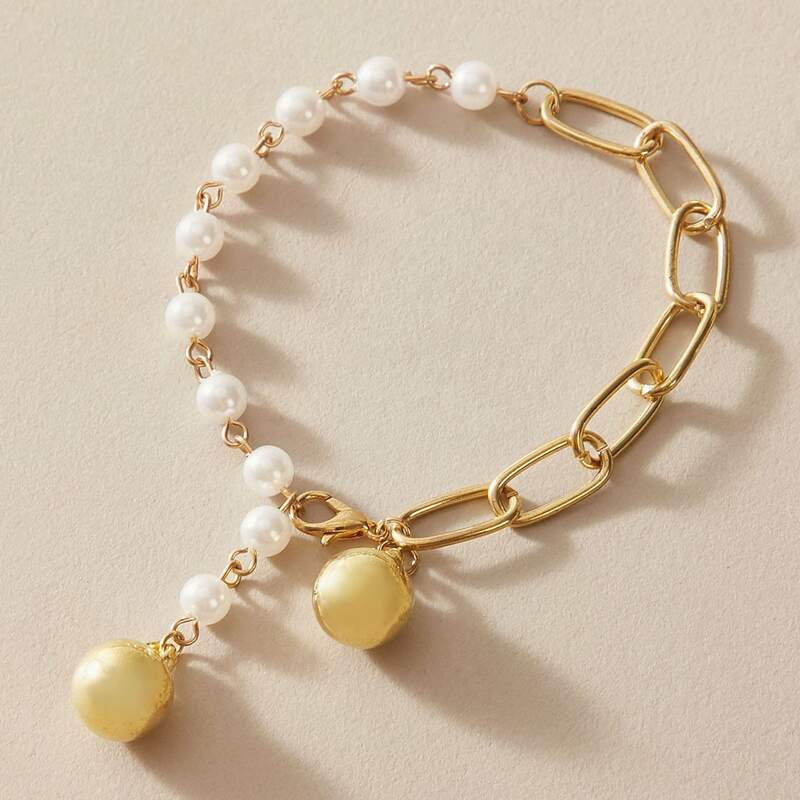 

1pc Faux Pearl & Chain Decor Bracelet, Gold