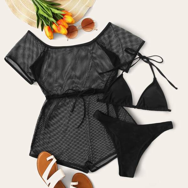 

3pack Triangle Halter Mesh Co-ord Bikini Swimsuit, Black