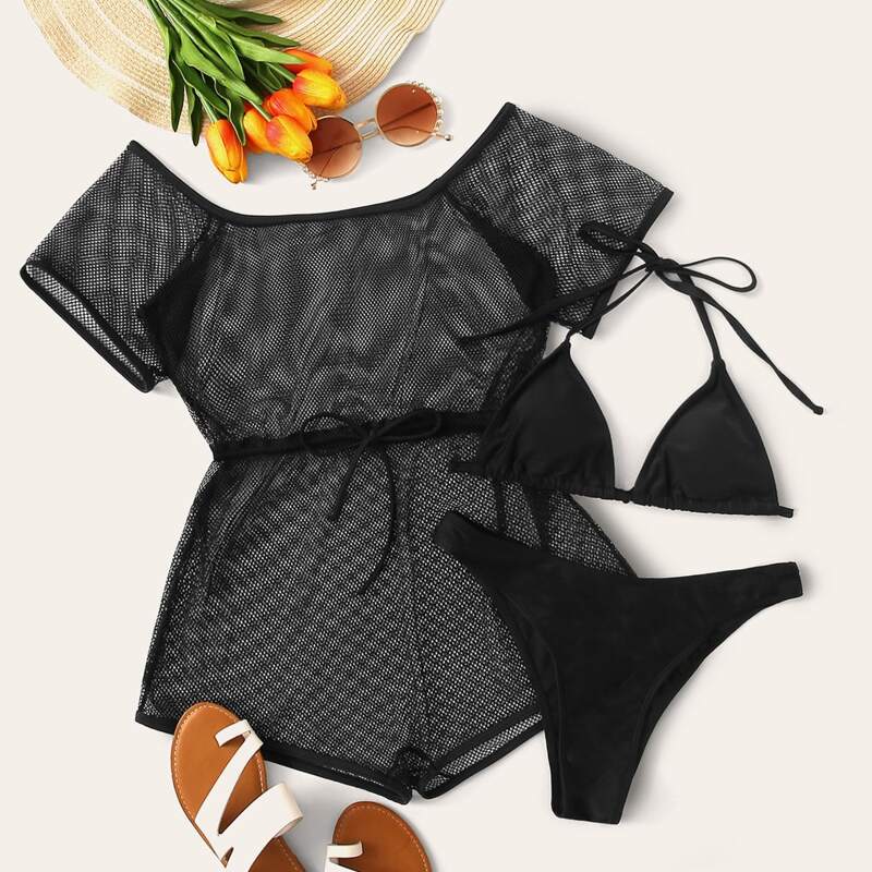 

3pack Triangle Halter Mesh Co-ord Bikini Swimsuit, Black