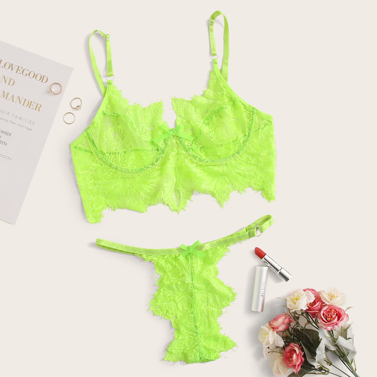 

Neon Lime Floral Lace Underwire Lingerie Set, Green bright