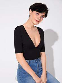 SHEIN Privé Plunging Neck Solid Tee - Black - View 1