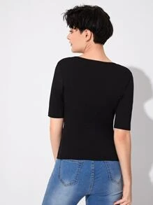 SHEIN Privé Plunging Neck Solid Tee - Black - View 2
