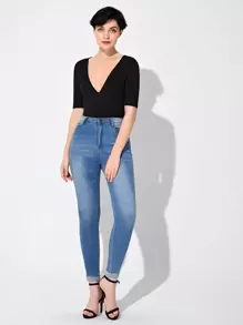 SHEIN Privé Plunging Neck Solid Tee - Black - View 3