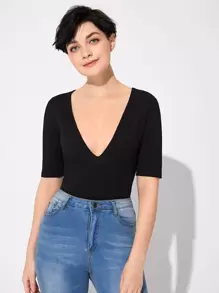 SHEIN Privé Plunging Neck Solid Tee - Black - View 5