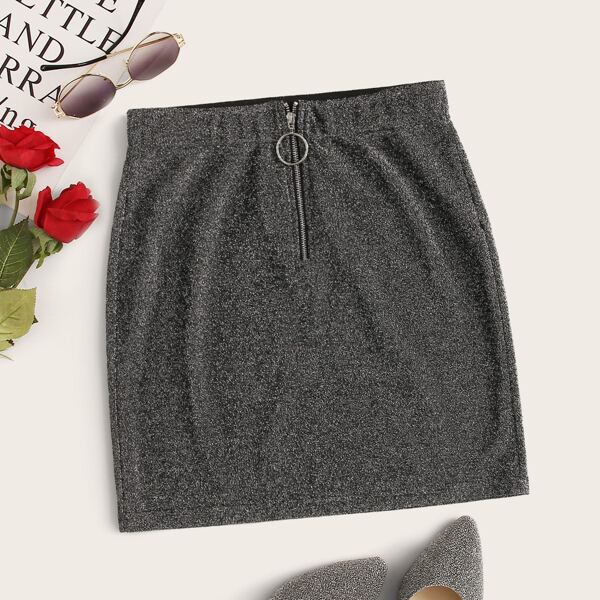 

Zip Fly Glitter Bodycon Skirt, Grey
