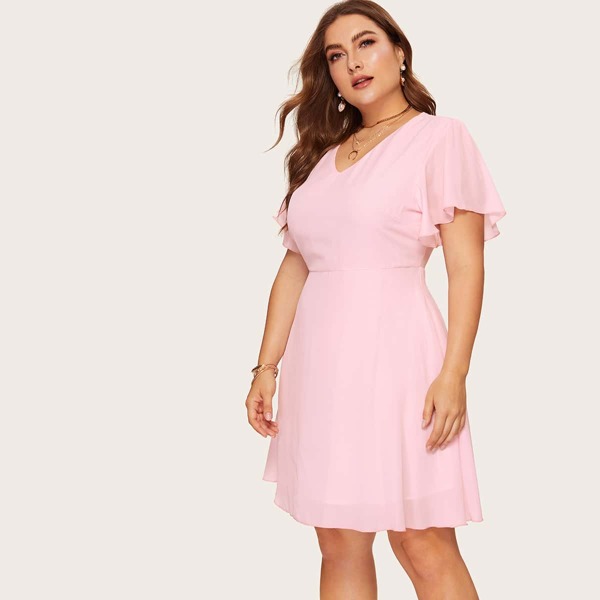 

Plus V-Neck Butterfly Sleeve Backless A-Line Dress, Pink pastel