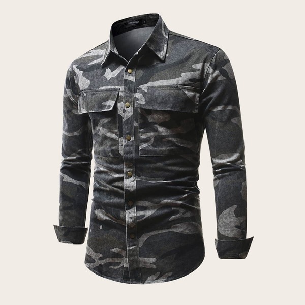 

Men Camo Print Patch Pocket Denim Shirt, Multicolor