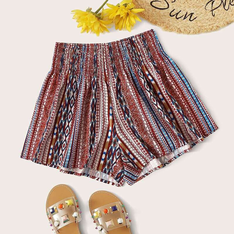 

Ethnic Print Shirred Shorts, Multicolor