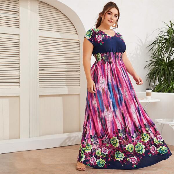 

Plus Tie Dye Floral Print Shirred Waist Floor Dress, Multicolor