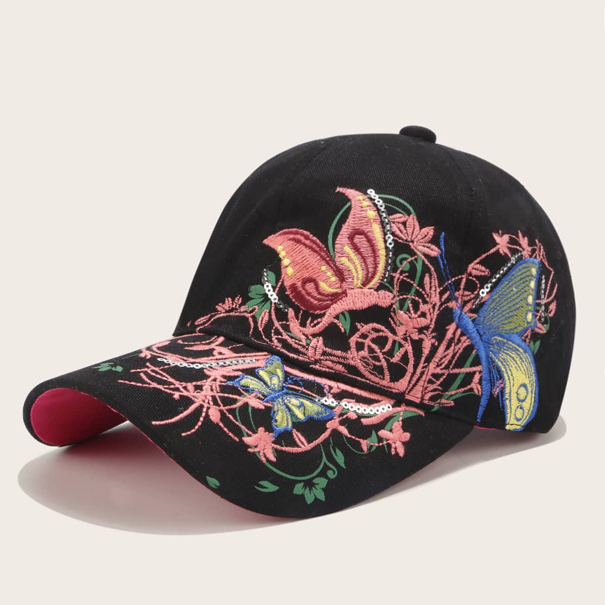 

Floral & Butterfly Embroidered Baseball Cap, Black