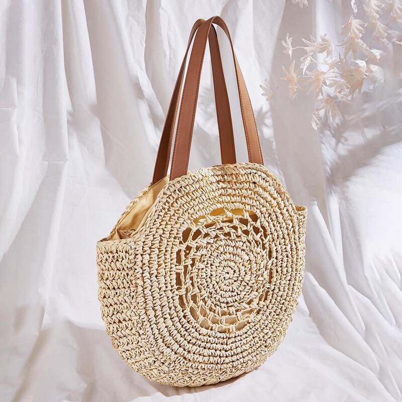 

Round Shaped Braided Tote Bag, Khaki