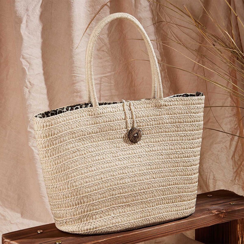 

Button Detail Woven Tote Bag, Beige