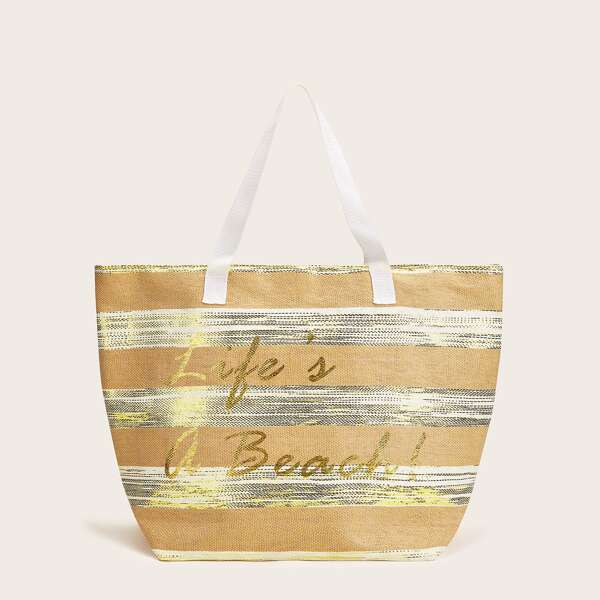 

Letter Graphic Glitter Tote Bag, Gold
