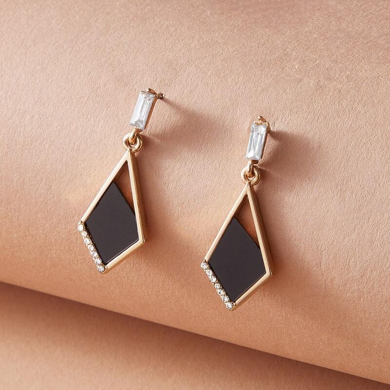 

1pair Rhinestone Engraved Hollow Out Geometric Drop Earrings, Black