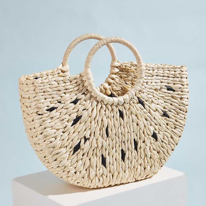 

Ring Handle Braided Tote Bag, Beige