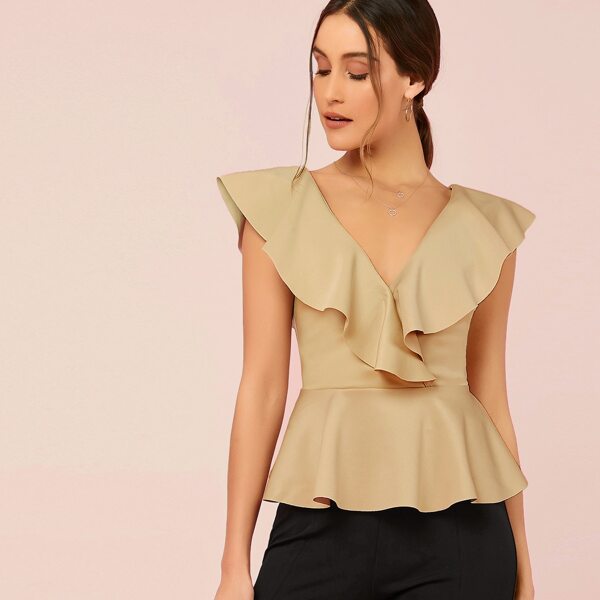 

Double V-neck Ruffle Detail Peplum Top, Khaki