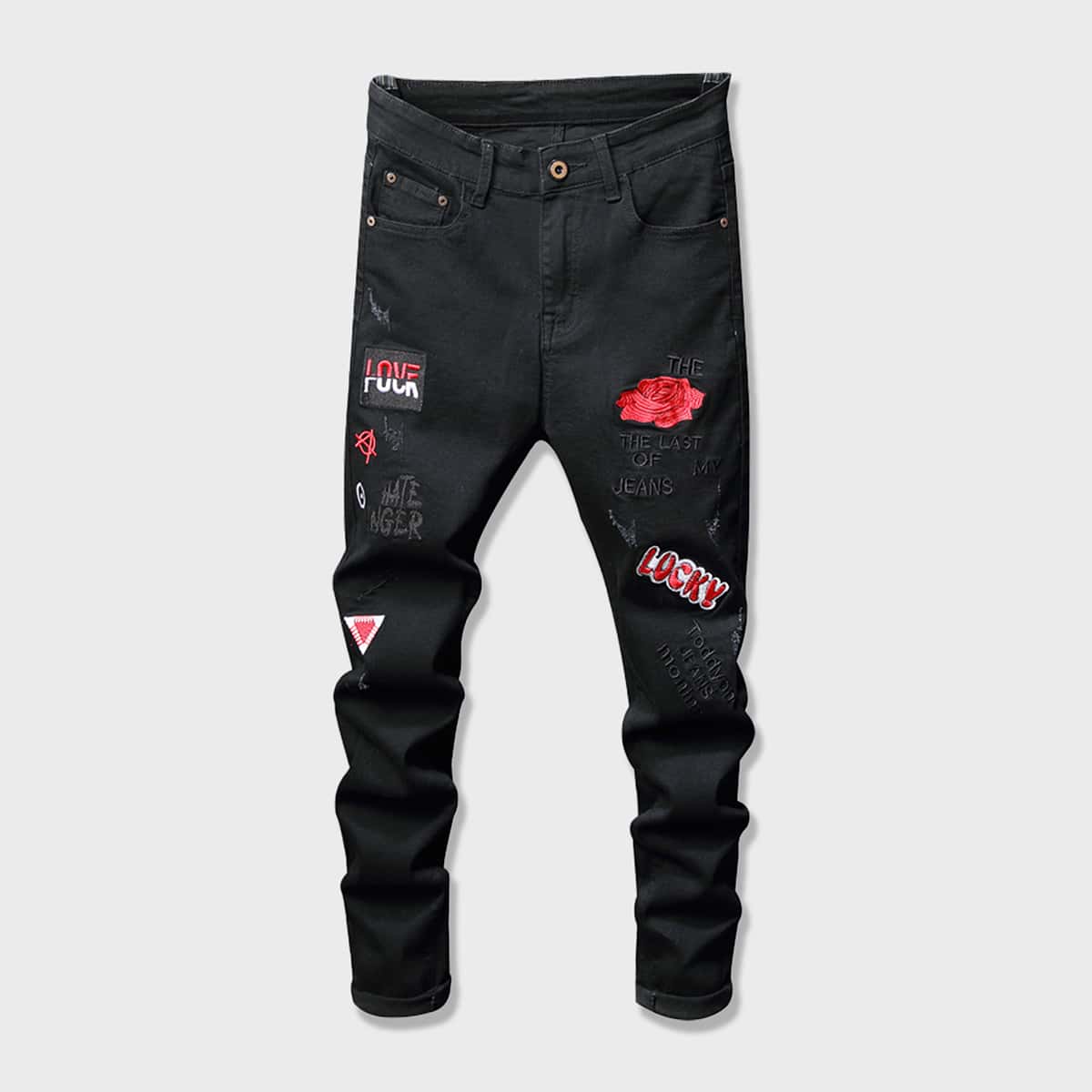 

Guys Letter Embroidery Ripped Jeans, Black