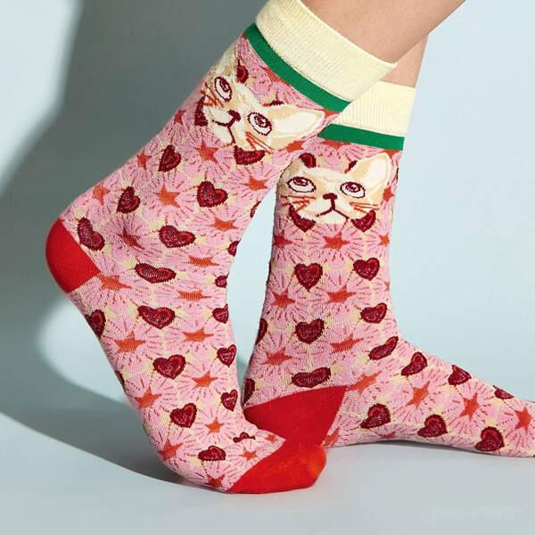 

1pair Cat & Heart Pattern Socks, Multicolor