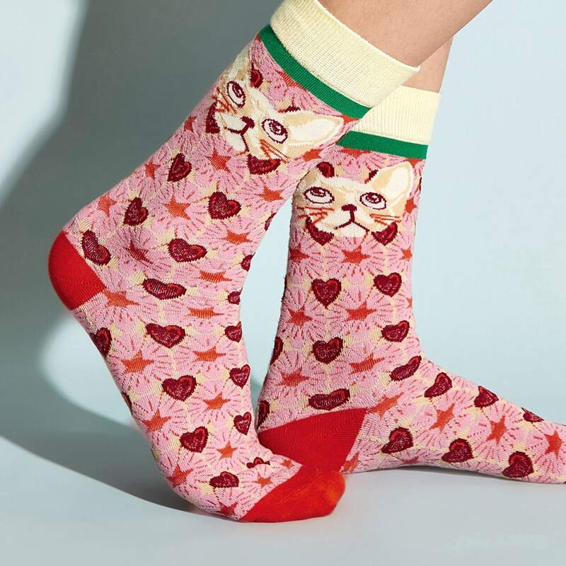 

1pair Cat & Heart Pattern Socks, Multicolor