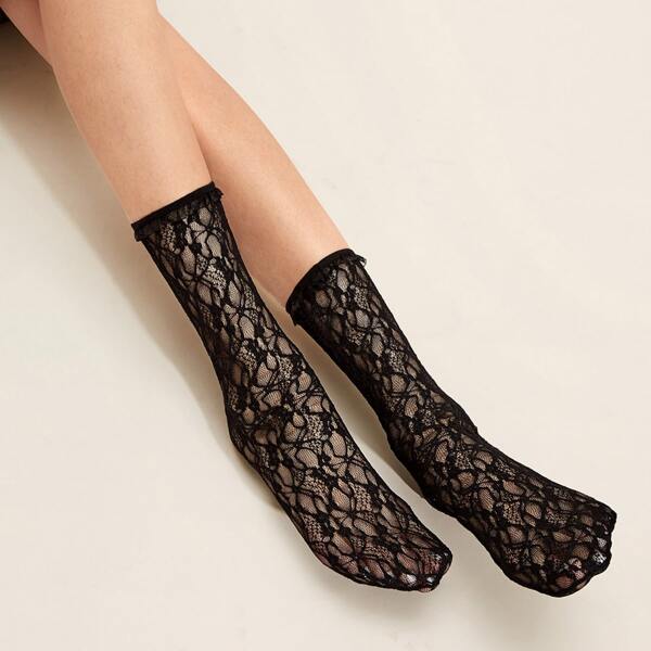 

1pair Contrast Lace Mesh Socks, Black