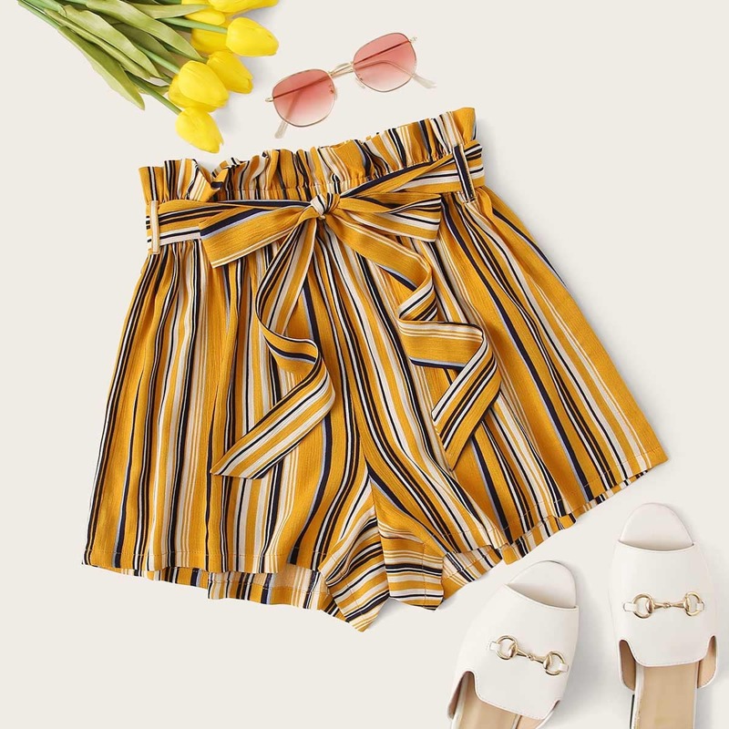 

Paperbag Waist Belted Striped Shorts, Yellow