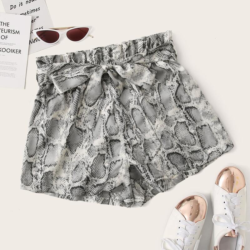 

Paperbag Waist Belted Snakeskin Shorts, Multicolor