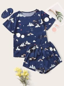 Cartoon Graphic PJ Set / Pajama Set & Eye Cover - Navy Blue - View 1