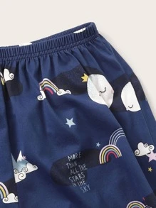 Cartoon Graphic PJ Set / Pajama Set & Eye Cover - Navy Blue - View 4