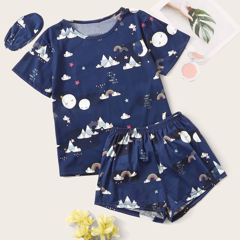

Cartoon Graphic PJ Set & Eye Cover, Navy blue