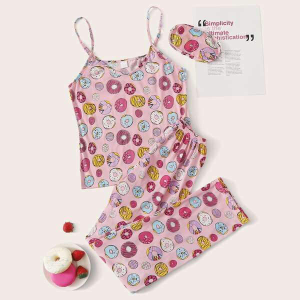 

Cartoon Graphic Cami PJ Set & Eye Cover, Multicolor