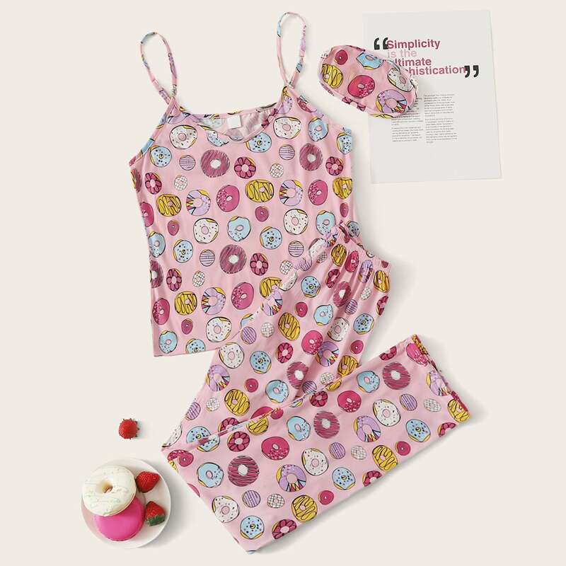 

Cartoon Graphic Cami PJ Set & Eye Mask, Multicolor