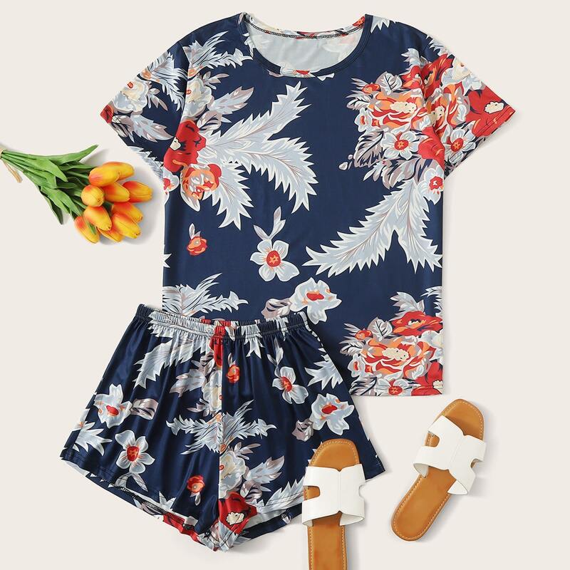 

Floral Print Short Sleeve PJ Set, Multicolor