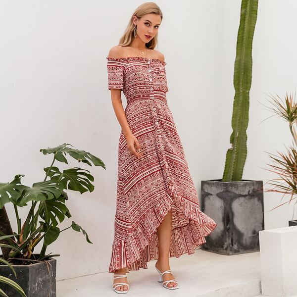 

Off Shoulder High Low Button Front Tribal Dress, Multicolor