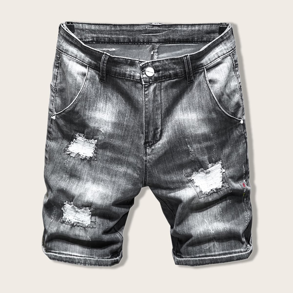 

Guys Letter Patched Ripped Denim Shorts, Black