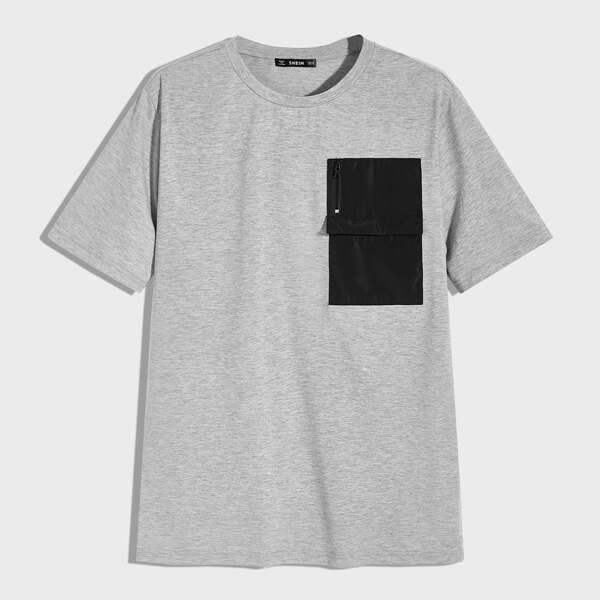 

Men Contrast Windbreaker Pocket Tee, Grey