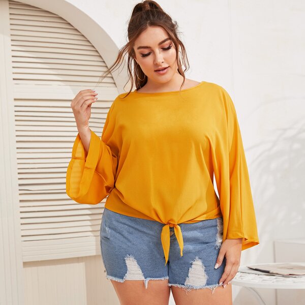 

Plus Knot Front Boat Neck Blouse, Yellow