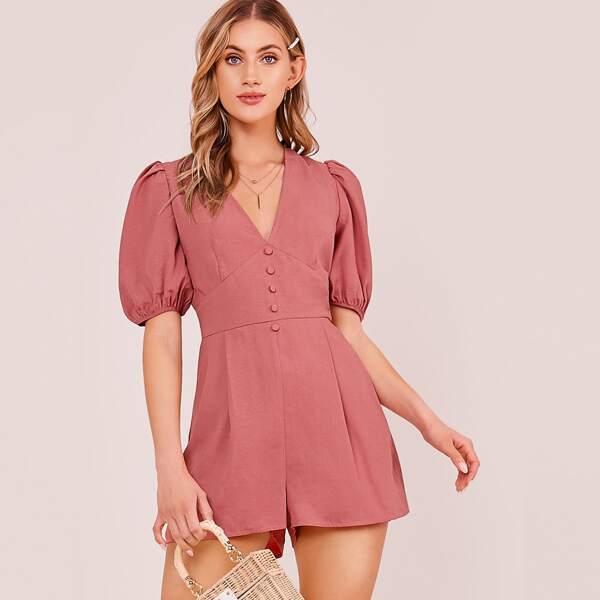 

V-neck Empire Waist Puff Sleeve Romper, Red