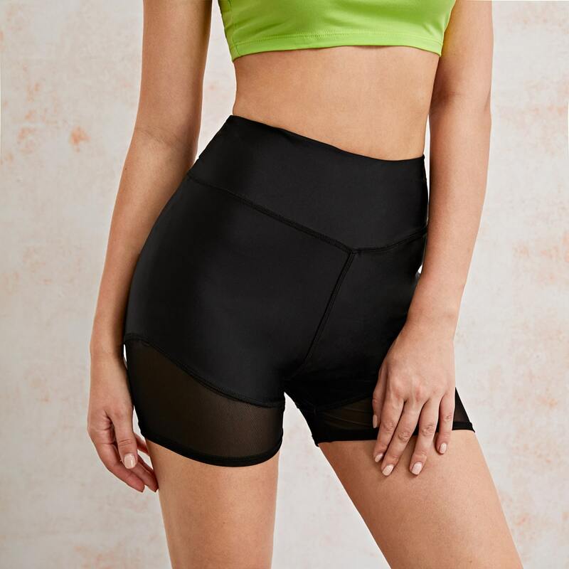 

Wide Waistband Mesh Hem Biker Shorts, Black
