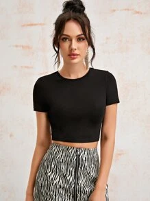 SHEIN Lace Up Back Slim Crop Top - Black - View 2