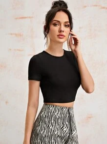 SHEIN Lace Up Back Slim Crop Top - Black - View 5