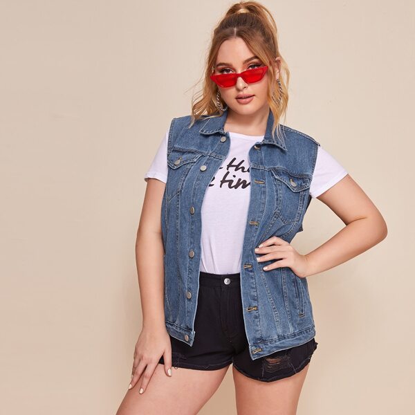 

Plus Solid Button Through Denim Vest, Blue