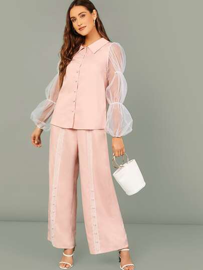 Conjunto camisa de manga de malla reunida con pantalones anchos con cinta con encaje