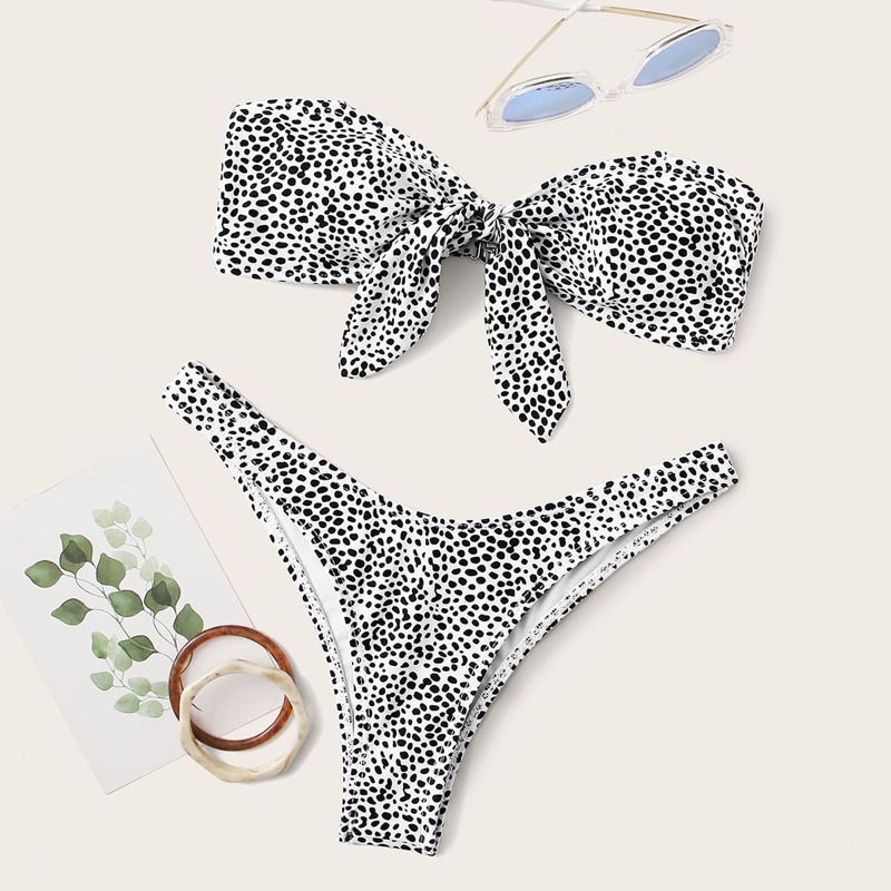 

Dalmatian Knot Front Cheeky Bikini Swimsuit, Black and white