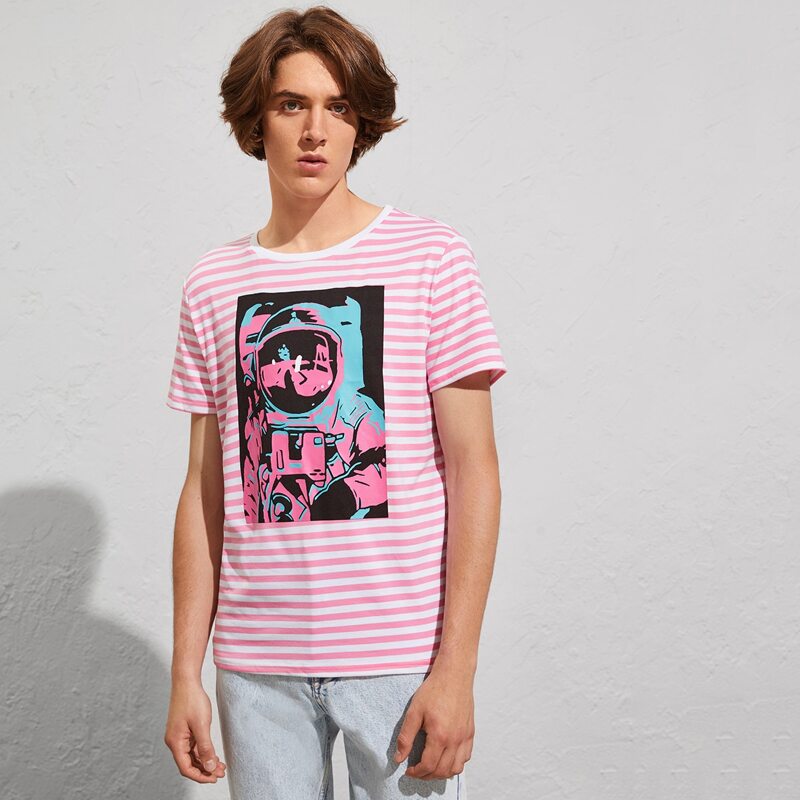 

Guys Robot Print Striped Tee, Pink